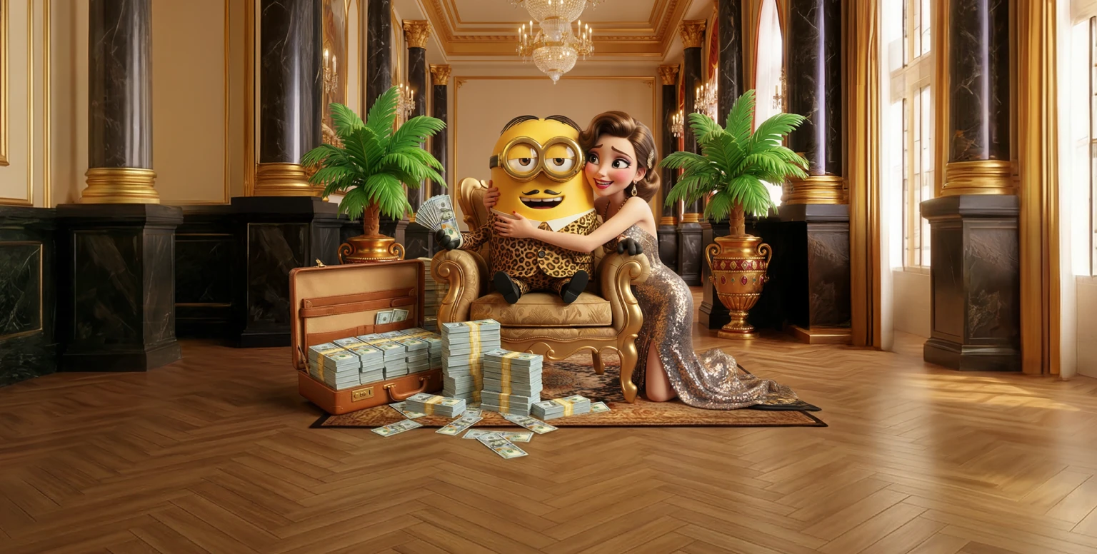 Bananzia-mascotte in een paleis met palmen en goud — het beeldmerk van Bananzia Casino