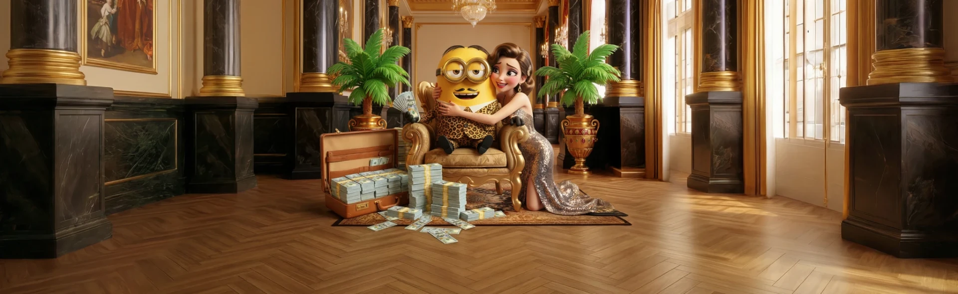 Bananzia mascotte in een luxe casino met gouden troon en stapels geld